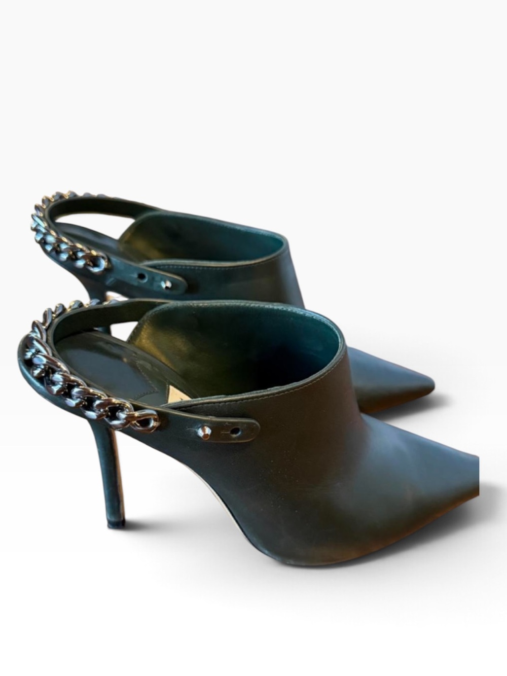 Jimmy Choo Green Leather Chain Pointed Toe Heels Mules Size 36